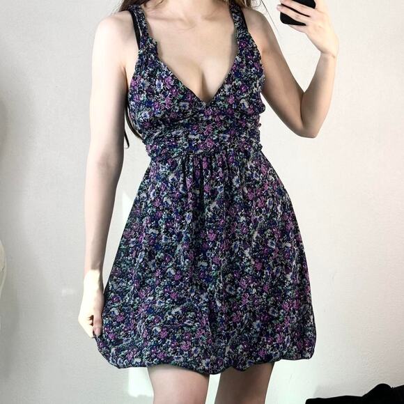 Y2k Dark Floral Deep V-Neck Bubble Hem Sun Mini Dress with Waist Tie - Picture 2 of 8